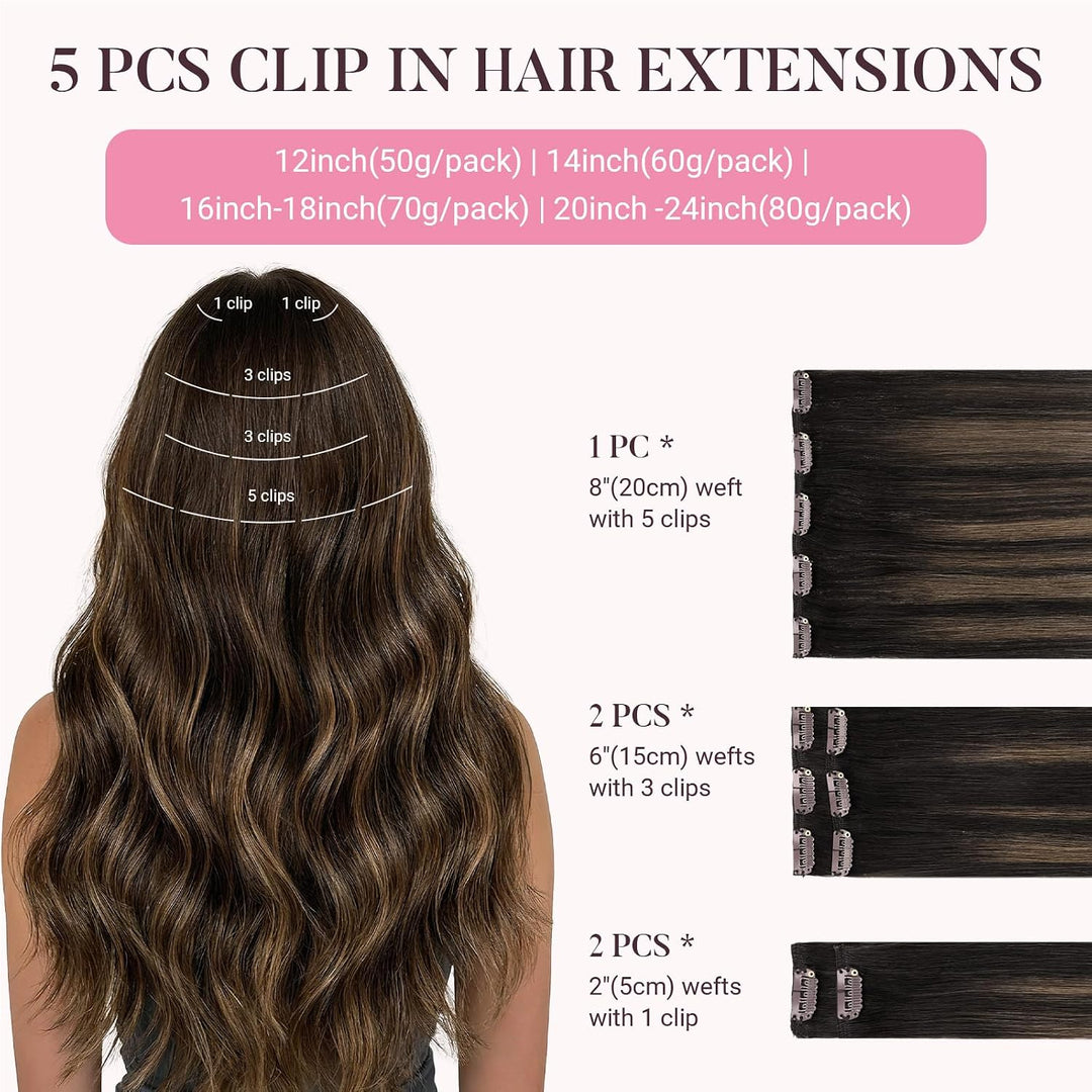 MAXITA Clip in Haarverlängerungen aus echtem Menschenhaar, Remy Haar Clip in Extensions für Damen, n