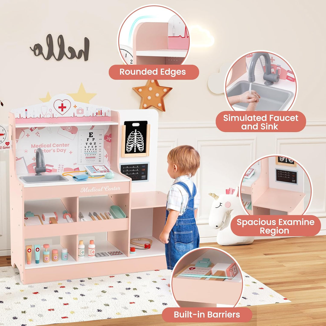 HOMASIS Arzt-Set aus Holz, Arzt-Set für Kinder mit Waschbecken, Sichtprüfung, Elektrokardiogramm, Uh