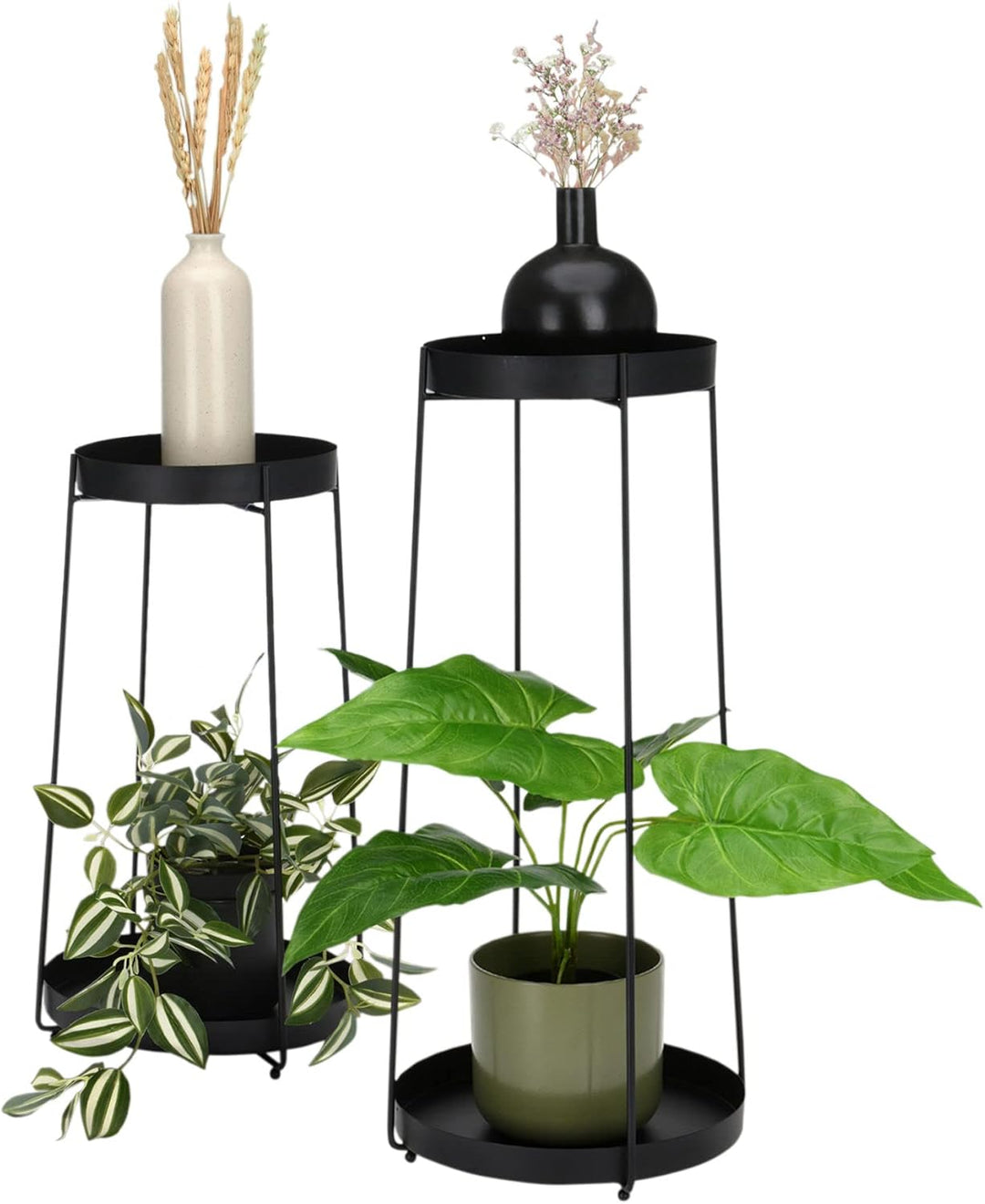 Spetebo Blumentopf Ständer aus Metall in schwarz 2er Set - H 58 / 46 cm - Deko Blumenregal mit 2 Abl