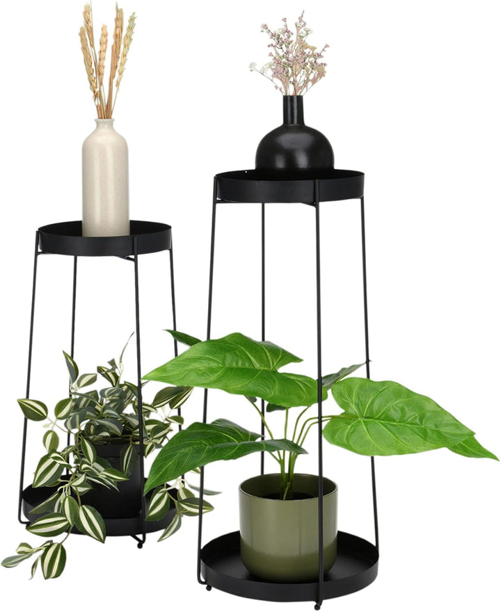 Spetebo Blumentopf Ständer aus Metall in schwarz 2er Set - H 58 / 46 cm - Deko Blumenregal mit 2 Abl