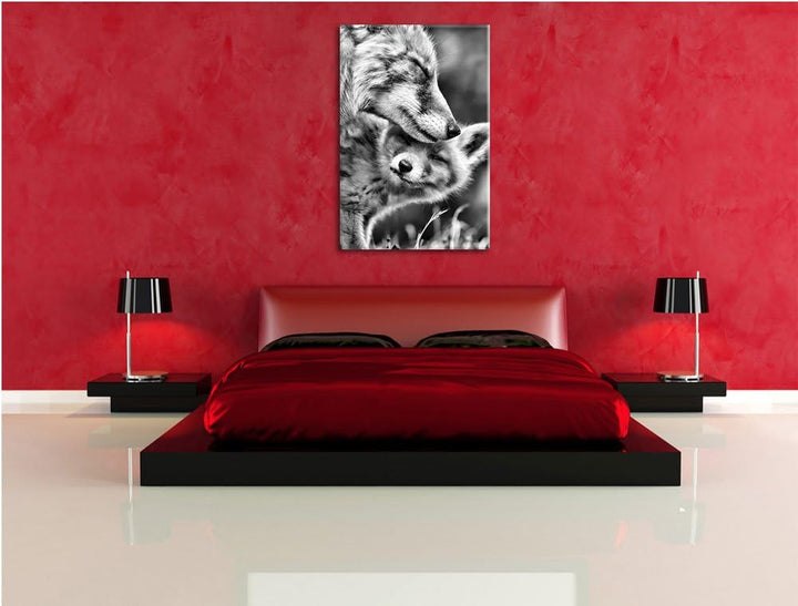 Pixxprint Kuschelnde Füchse / 100x70cm Leinwandbild bespannt auf Holzrahmen/Wandbild Kunstdruck Deko