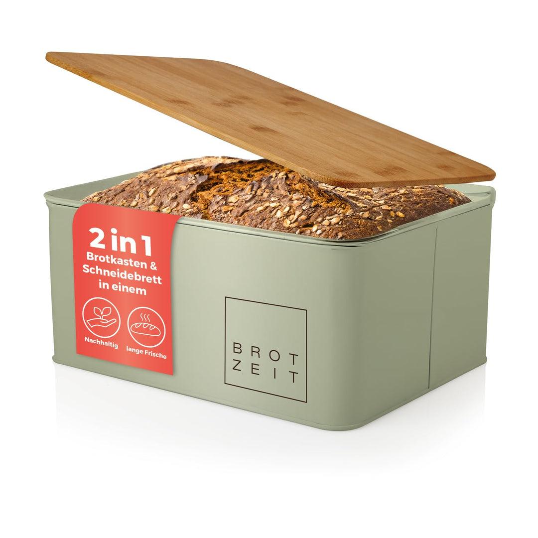 Lumaland Cuisine Brotkasten | Brotdose aus Metall mit Bambus Deckel | Brotbox rechteckig 30,5 x 23,5