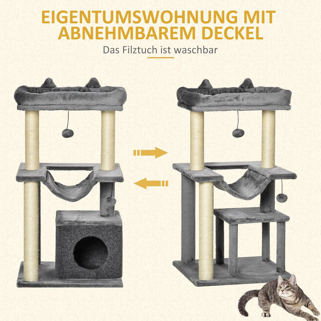 PawHut Kratzbaum 90 cm mit Hängematte für Katzen unter 4 kg Grau | Katzenturm, Höhle, 2 Plüschballen