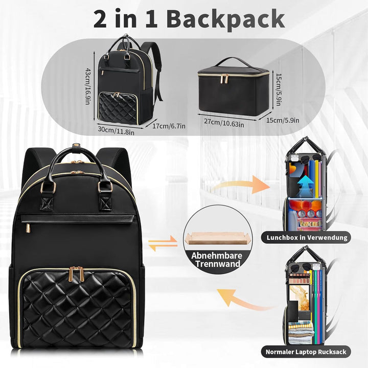 Jetviivid Lunch Rucksack Damen, Laptop Rucksack 15,6 Zoll mit Isoliertes Kühltasche, 2-in-1 Arbeitsr