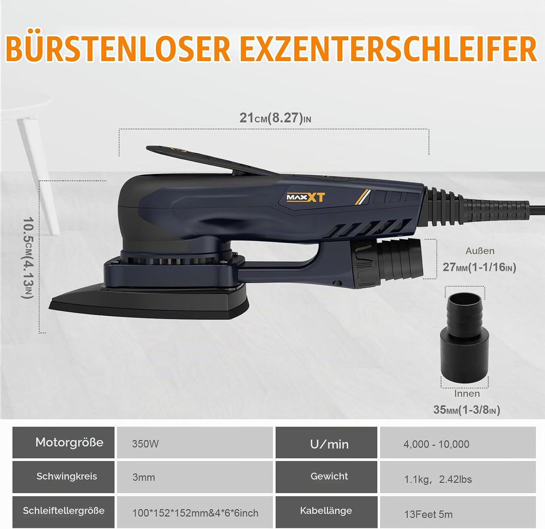 MAXXT Profi Bürstenloser 3mm Dreieck-Schleifer - 350W Starker EC Motor, Geschwindigkeitsregulierung,