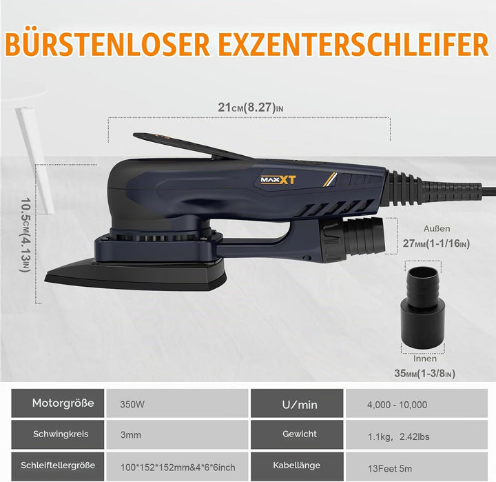 MAXXT Profi Bürstenloser 3mm Dreieck-Schleifer - 350W Starker EC Motor, Geschwindigkeitsregulierung,