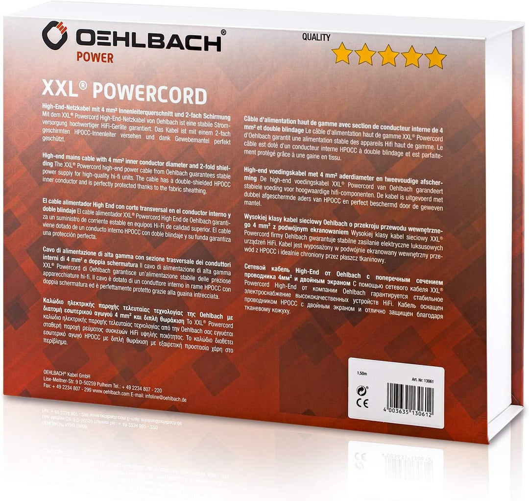 Oehlbach XXL Powercord - High End Stromkabel - HPOCC Netzkabel mit 4mm² Innenleiterquerschnitt & 2-F