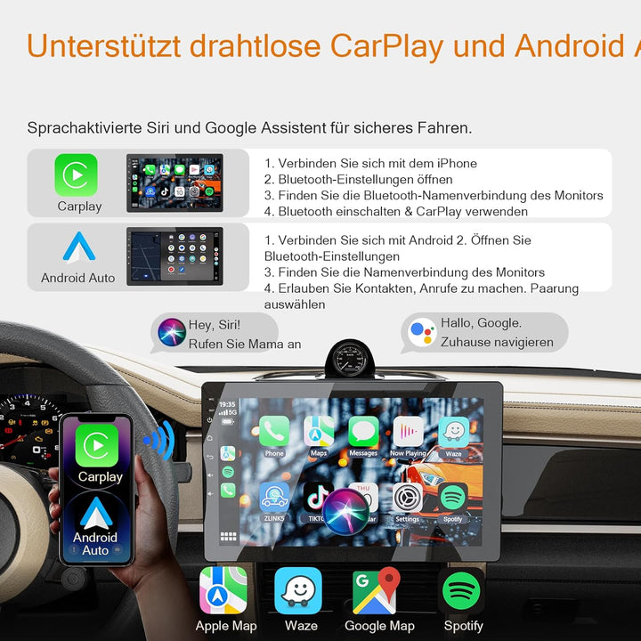 1Din Autoradio, mit 10.1 Zoll drehbar Bildschirm,Kompatibel mit Wireless Apple CarPlay und Android A