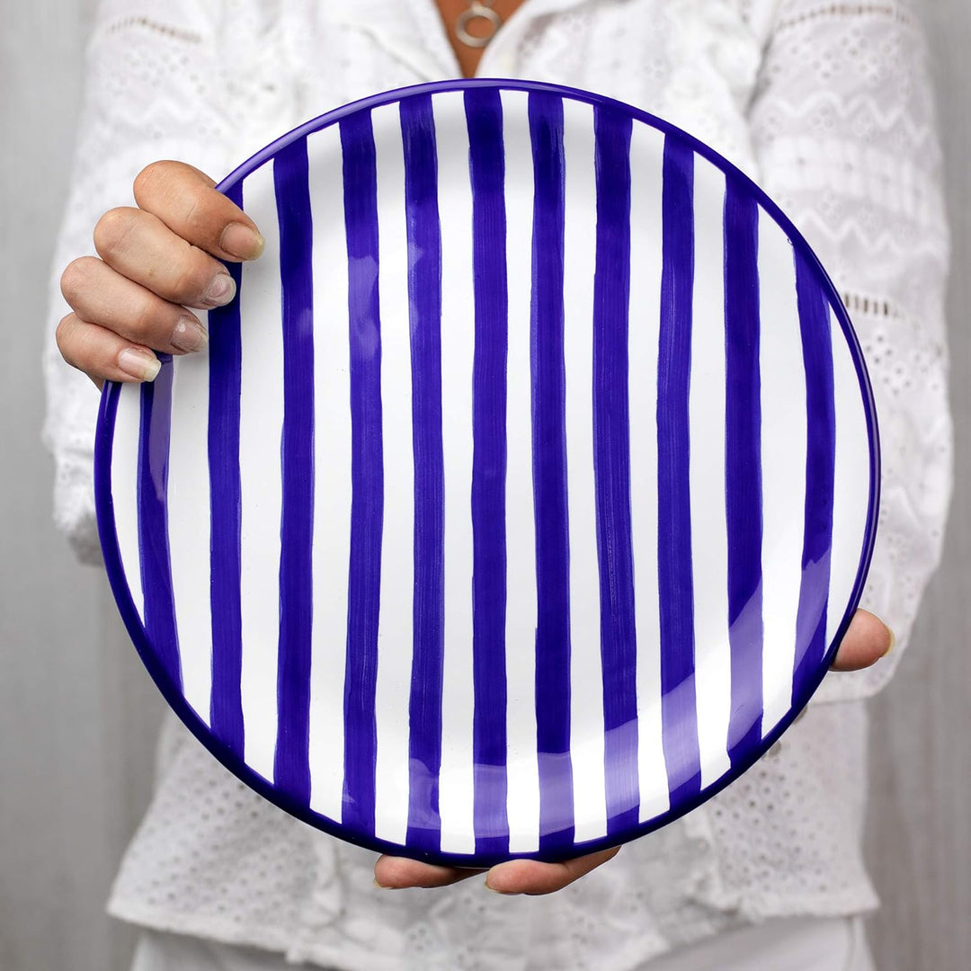 City to Cottage® - Keramik Teller 25.5 cm | Blau-Weiss gestreift | Handgemacht | Grosser Speisetelle