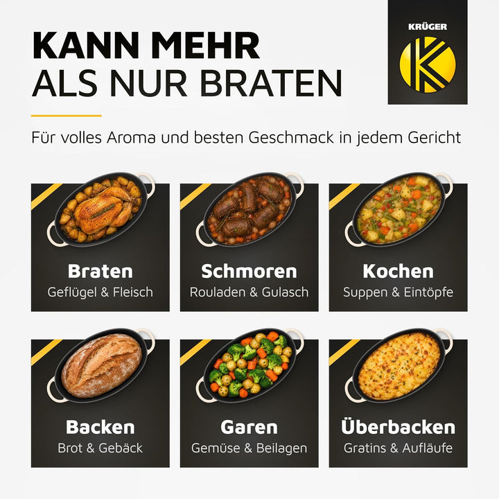 Karl Krüger Eisenguss Bratentopf oval Savanna, creme/schwarz, 34 cm, Creme