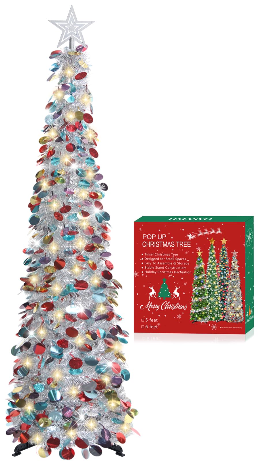 HMASYO 150 cm Pop-Up Lametta Weihnachtsbaum mit 50 Timer-Lichtern, Buntes Silber Zusammenklappbarer