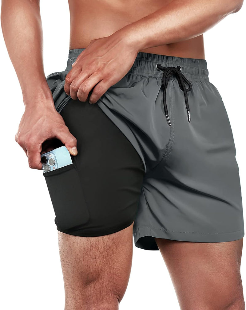 Badehose Herren mit Kompression Badehose mit innenhose Board Shorts 2 in 1 Reissverschlusstasche kur