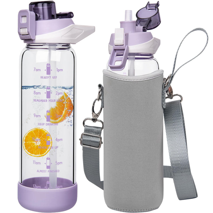 Seekua 0.8l Sport Trinkflasche Glas Flasche mit Strohhalm &amp; Zeitmarkierung 800ml auslaufsicher bpa f
