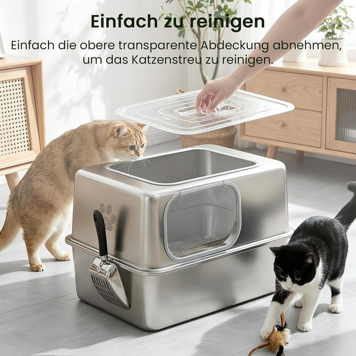 PTLOM XXL Katzenklo Edelstahl, Auslaufsicheres Katzenklo mit Deckel, grossem Metall-Streubehälter, G