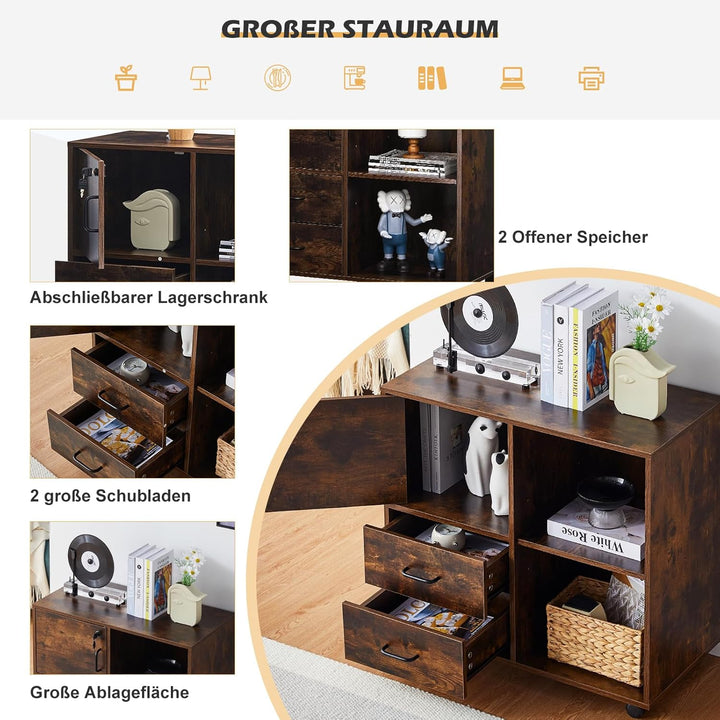 TUKAILAI Rollcontainer, Mobile Aktenschränke, Aktenschrank mit 2 Schublade 2 Regal, Büroschrank mit