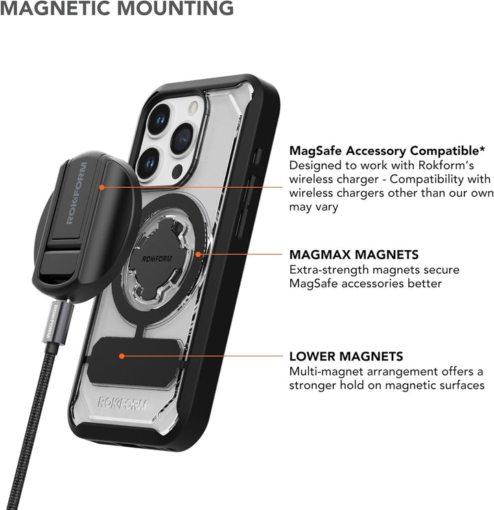 Rokform - iPhone 15 Pro Hülle, Crystal Series, magnetische klare iPhone 15 Pro Hülle mit RokLock Dre