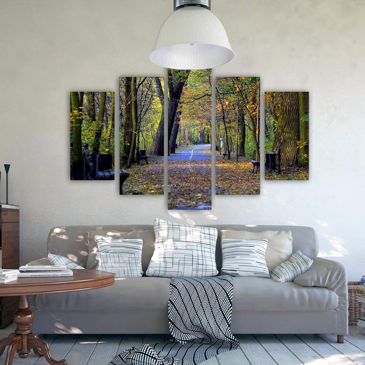 Leinwandbild 5 Teilig Landschaft Bild Wanddeko Park Allee Herbst bunt 200x100 cm Leinwandbild 200x10