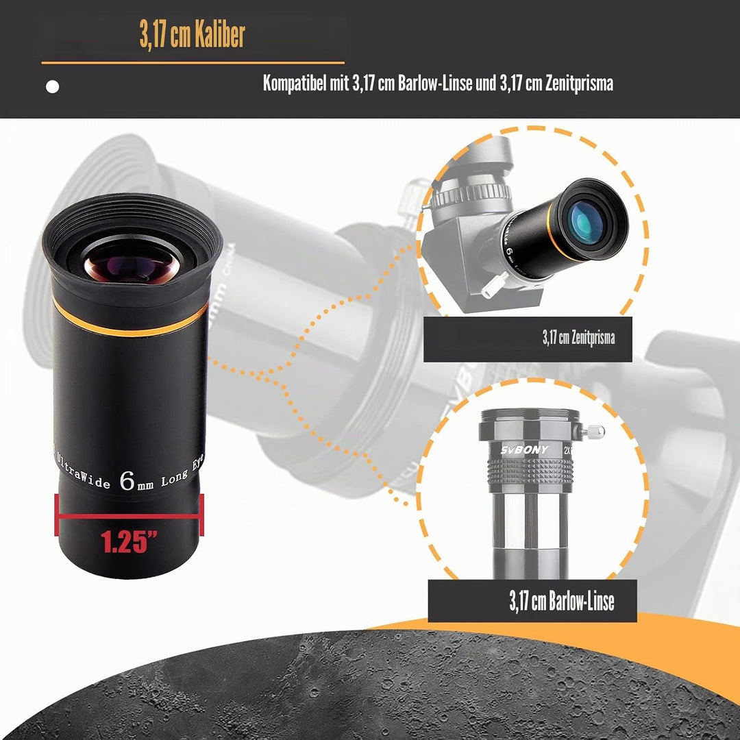 Svbony Teleskop Okular, 1,25” 6mm Okular 66° Ultra Weitwinkel Angenehmes Sichtfeld Linse, Planeten S