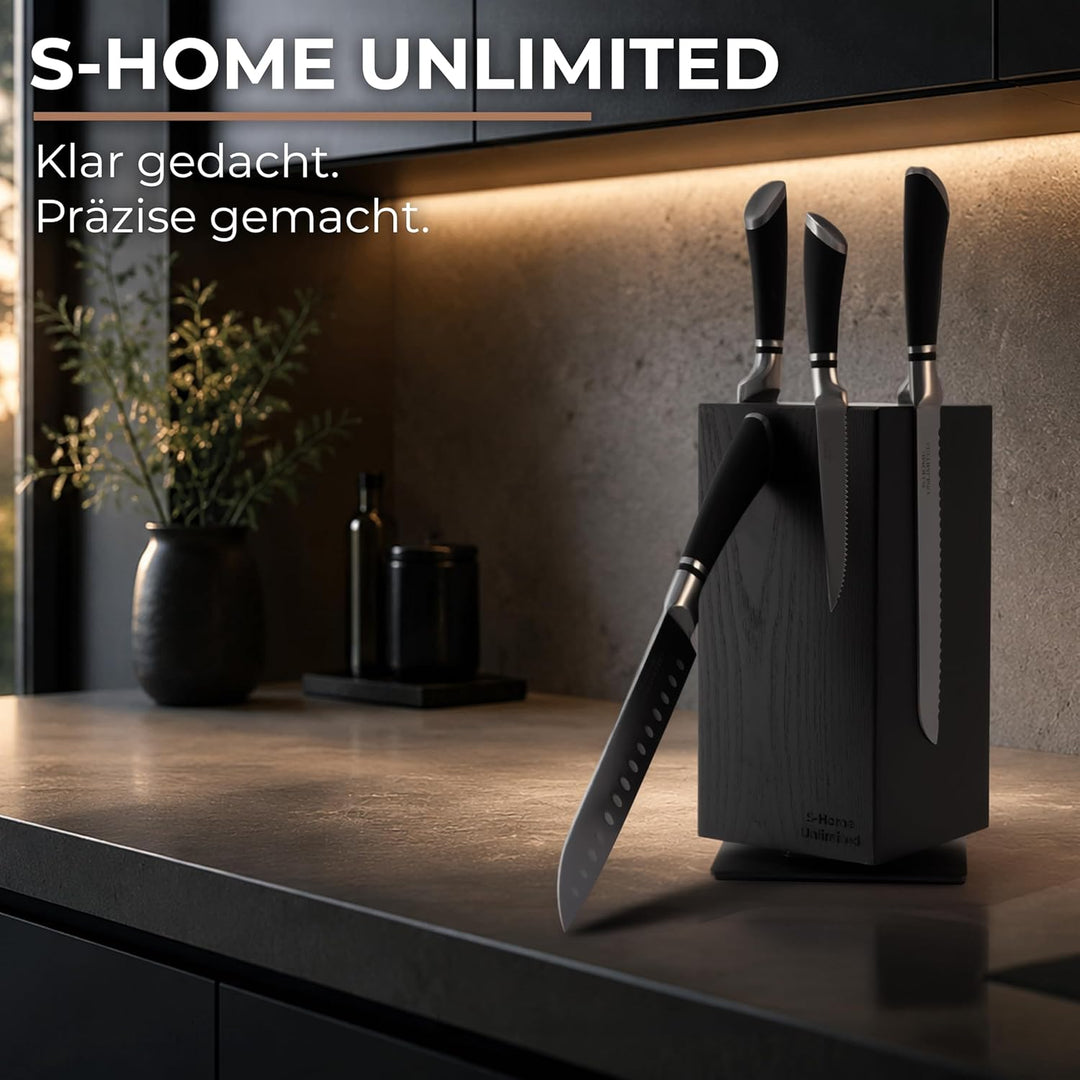 Magnetischer Messerblock ohne Messer | 360° drehbar | Massiver Holzblock in Schwarz mit sichtbarer M