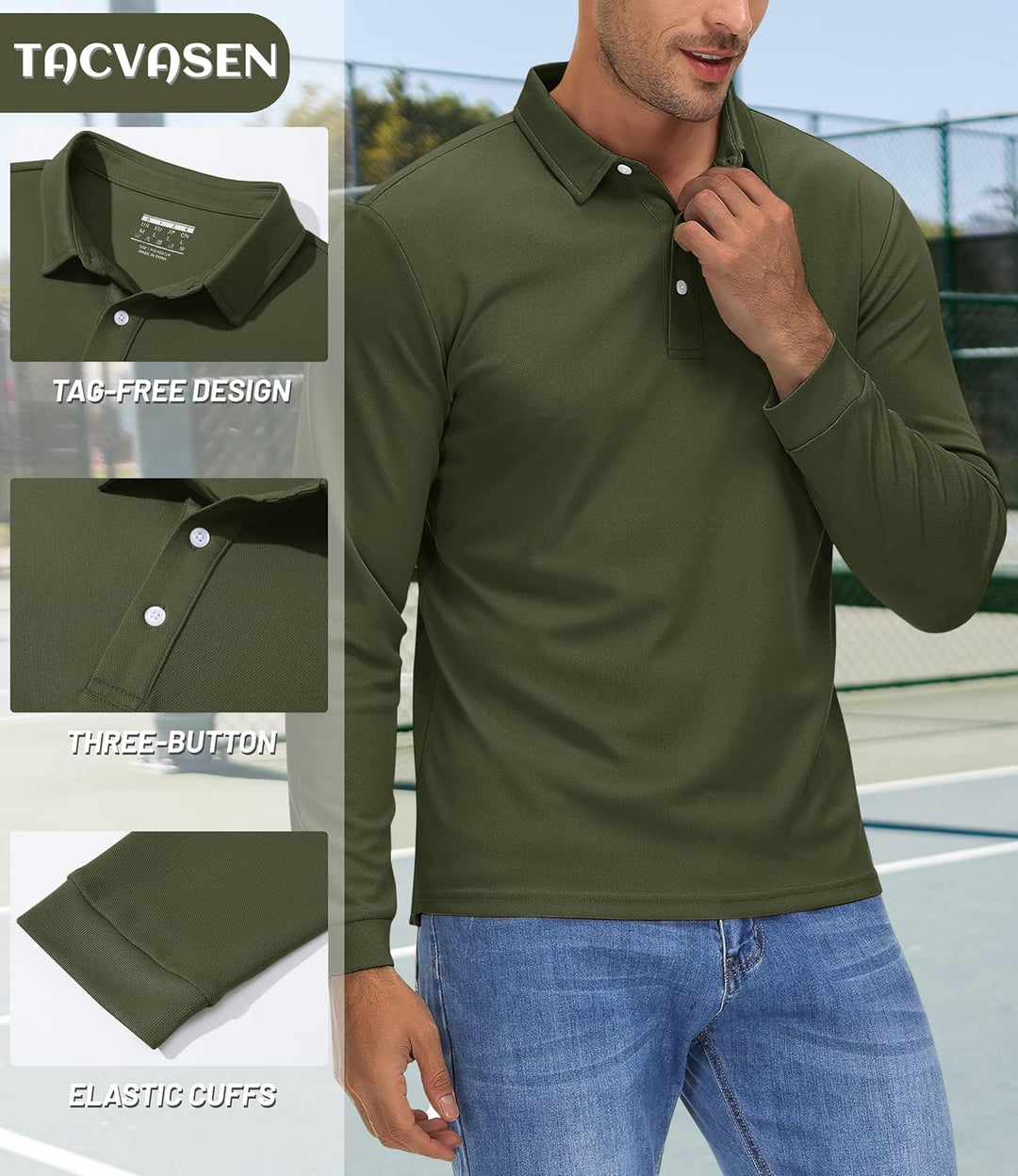 TACVASEN Herren Poloshirt Langarm Golf Polo Schnelltrocknend Funktionsshirts Leicht T-Shirts mit 3-K