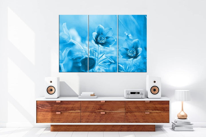 deyoli bezaubernde Blumen Format 120x80 3Teilig Effekt: Monocrome Blau als Leinwandbild, Motiv ferti