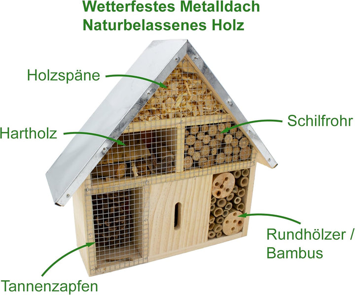 mucHome Insektenhotel Höhe 28cm aus Naturholz mit Metalldach, wetterfest, Nisthilfe für Bienen, Wild