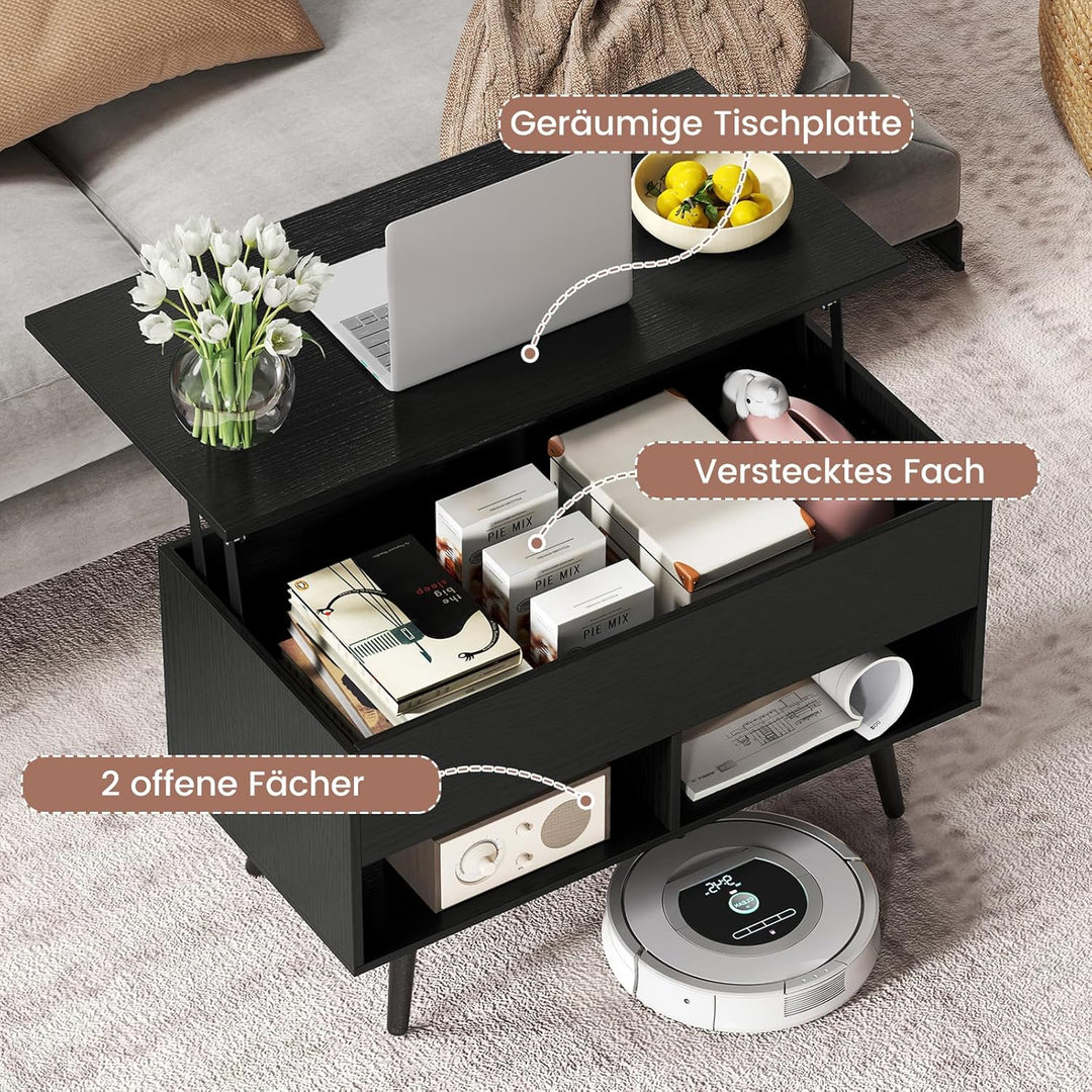 COSTWAY Couchtisch höhenverstellbar, Sofatisch mit anhebbarer Tischplatte & 2 offenen Regalen, auszi
