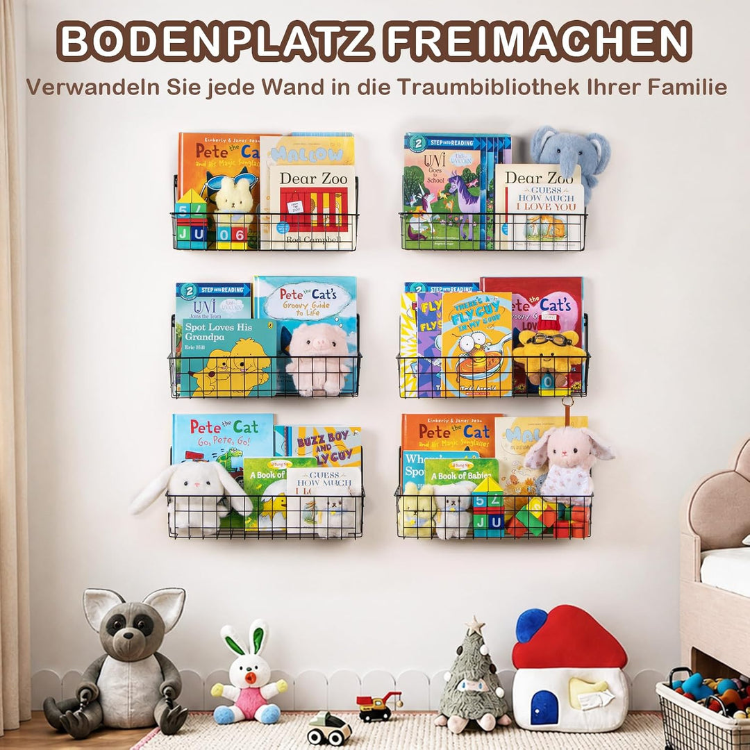 PUERSI 6er-Set Bücherregal Kinder Wand, Metall Wandregal Bücher, Hängend Regal für Kinderzimmer Aufb