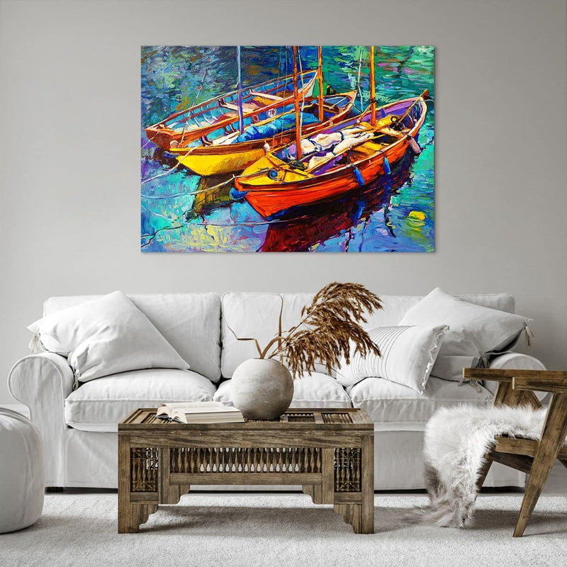 Bilder auf Leinwand 100x70cm Leinwandbild Boote Bunt Angeln Wasser Gross Wanddeko Bild Schlafzimmer