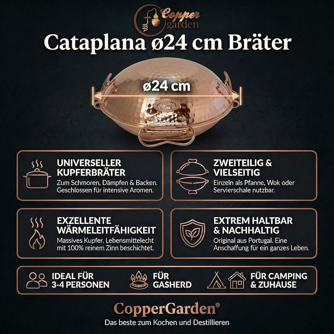 CopperGarden® Cataplana Bräter aus handverzinntem gehämmerten Kupfer mit ca 24 cm Durchmesser I Port