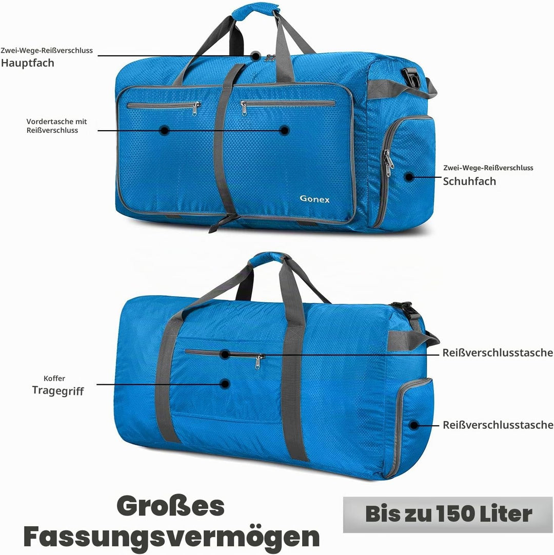 Gonex Faltbare Reisetasche, Leicht mit Schuhfach, 150L, Himmelblau | 210D Waben-Nylon, Wasserabweise