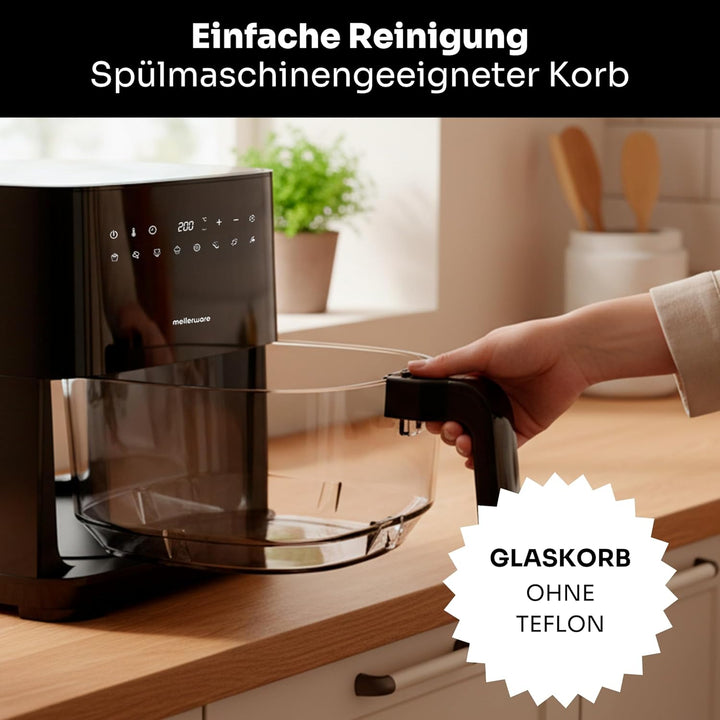 MELLERWARE – Heissluftfritteuse 1450W | Glasbehälter 4,5L | 9 Programme + Vorheizen | Touchscreen |