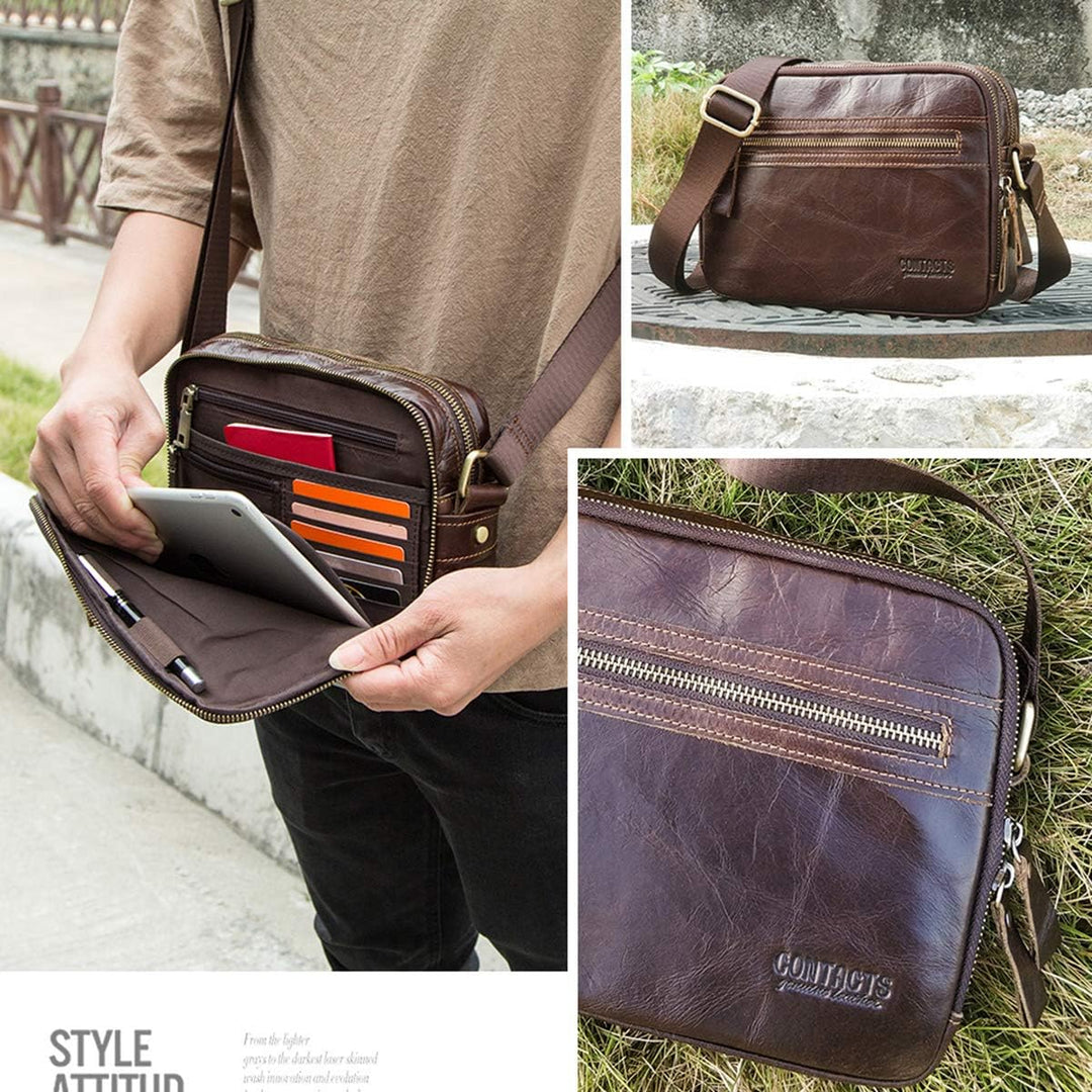 Contacts Echtes Leder Herren Laptop Mini Passport Crossbody Messenger Reisetasche Mini-Umhängetasche