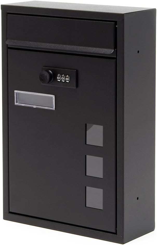 Wiltec Briefkasten schwarz 215x320x90mm Briefkasten mit Zahlenschloss, Namensschild und Sichtfenster