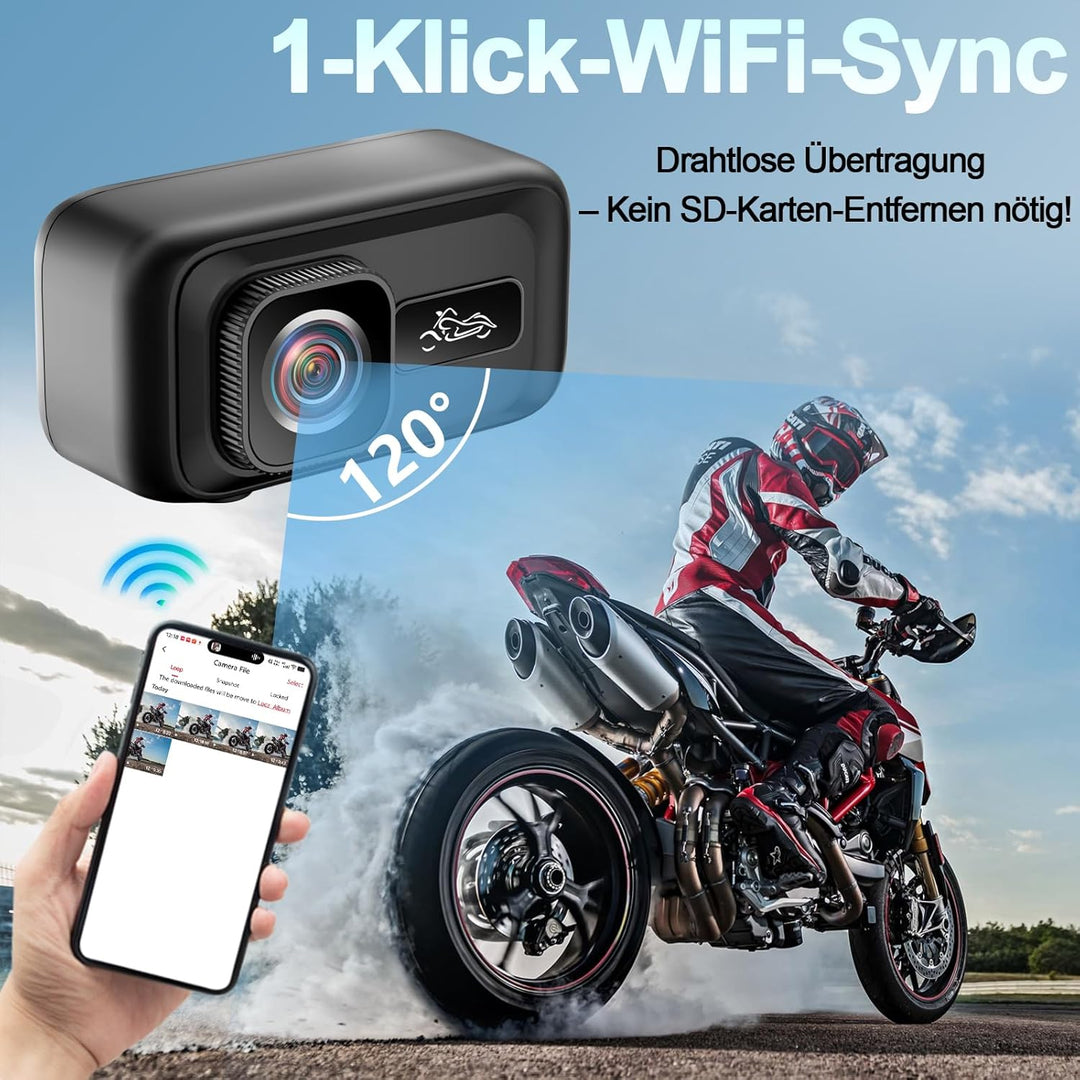 Action Cam Motorrad, 2K & 120° Weitwinkel Motorrad Kamera WLAN, G-Sensor-Kollisionssperre Dashcam Mo