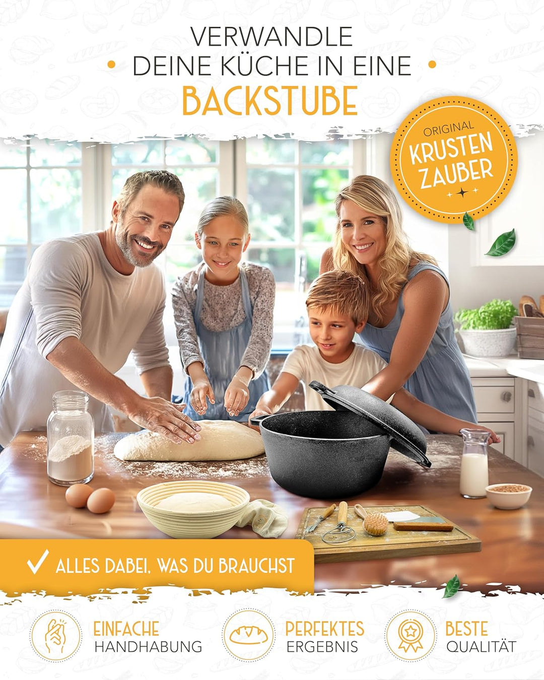 KRUSTENZAUBER Gusseisen Topf Brot Backen im XXL Set - Brotbackform mit Deckel inkl. Gärkorb, Schneeb