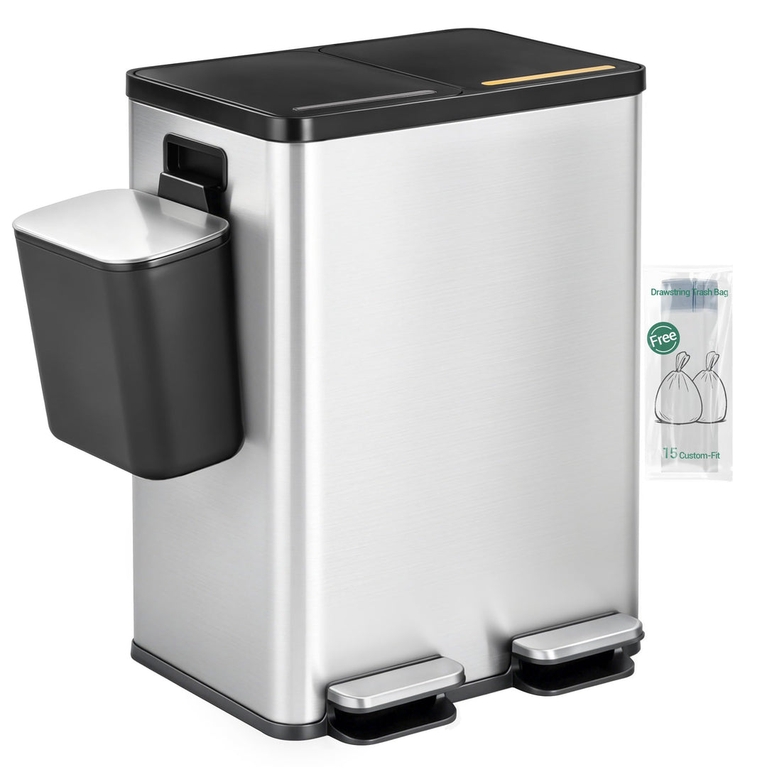 Hzuaneri Mülleimer Küche, 2 x 30 L+7 L, Mülltrennsystem 2 Fächer mit 7 L Komposteimer, Abfalleimer m