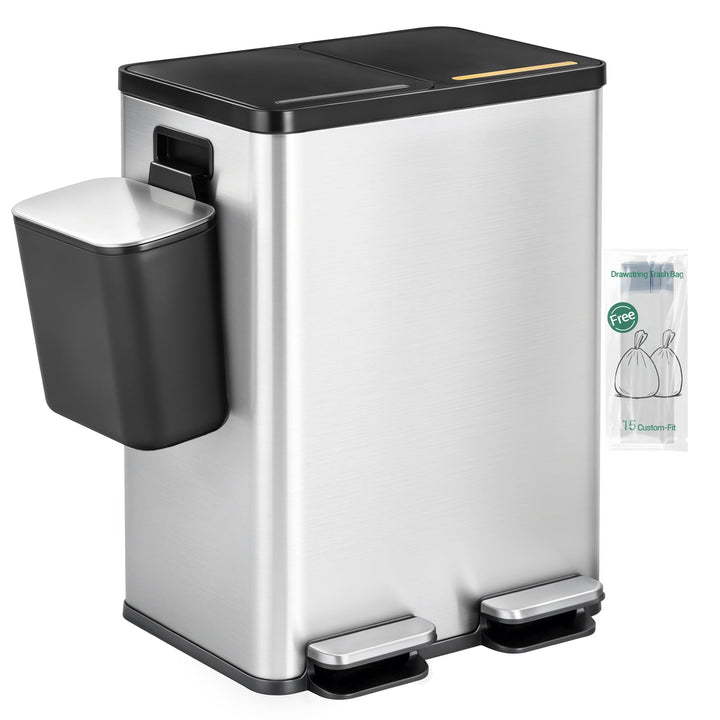 Hzuaneri Mülleimer Küche, 2 x 30 L+7 L, Mülltrennsystem 2 Fächer mit 7 L Komposteimer, Abfalleimer m