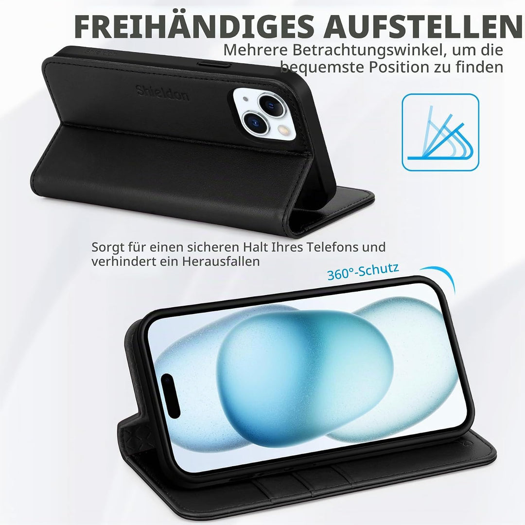 SHIELDON Hülle für iPhone 15 Plus, 5G Handyhülle [Echtleder] [Kartenfach] [Magnet] [Standfunktion] [