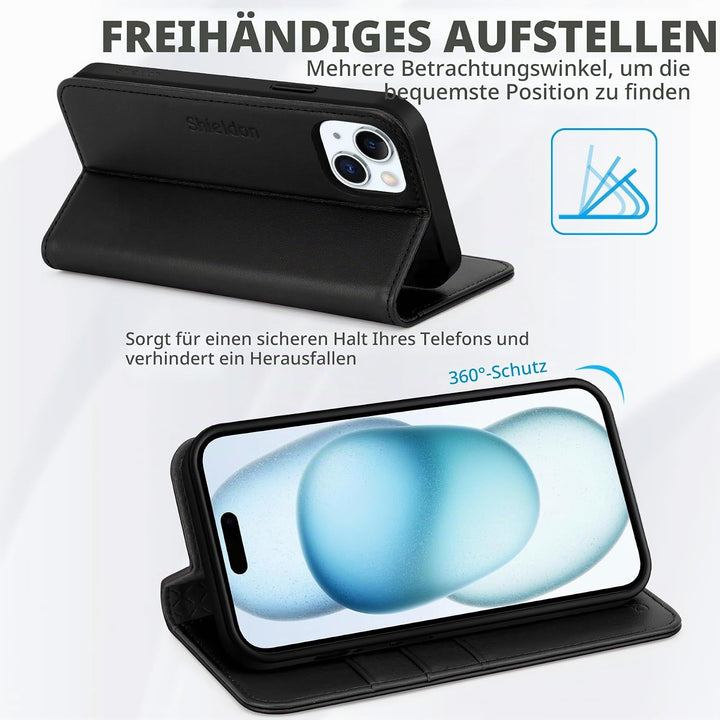 SHIELDON Hülle für iPhone 15 Plus, 5G Handyhülle [Echtleder] [Kartenfach] [Magnet] [Standfunktion] [