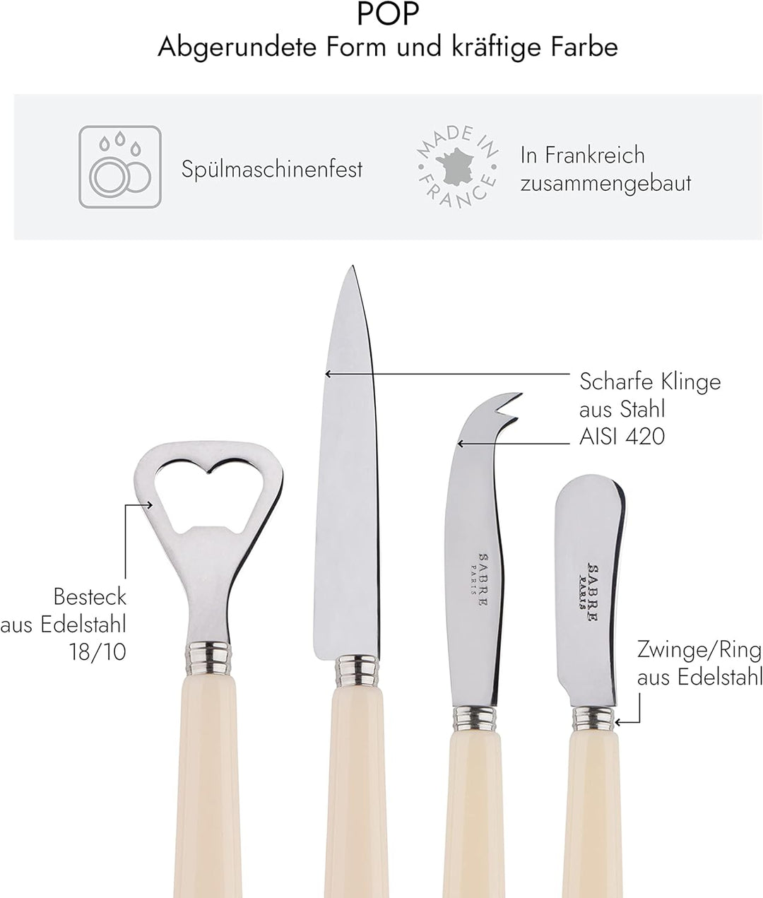 SABRE PARIS - Apero-Set, 4-teilig -Pop - Flaschenöffner, Spickmesser, kleines Käse- & Buttermesser -