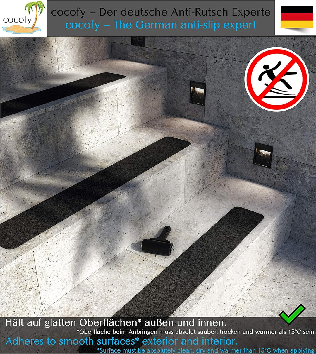 Anti-Rutsch Sticker für Treppen aussen und innen XXL | 10x Streifen (90x15 cm gross) schwarz | Stark