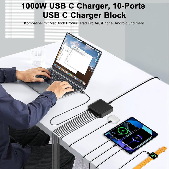 1000W USB C Ladegerät Mehrfach, GaN V 10 Ports USB Ladegerät Mehrfach, 1000W 10-Port Schnellladegerä