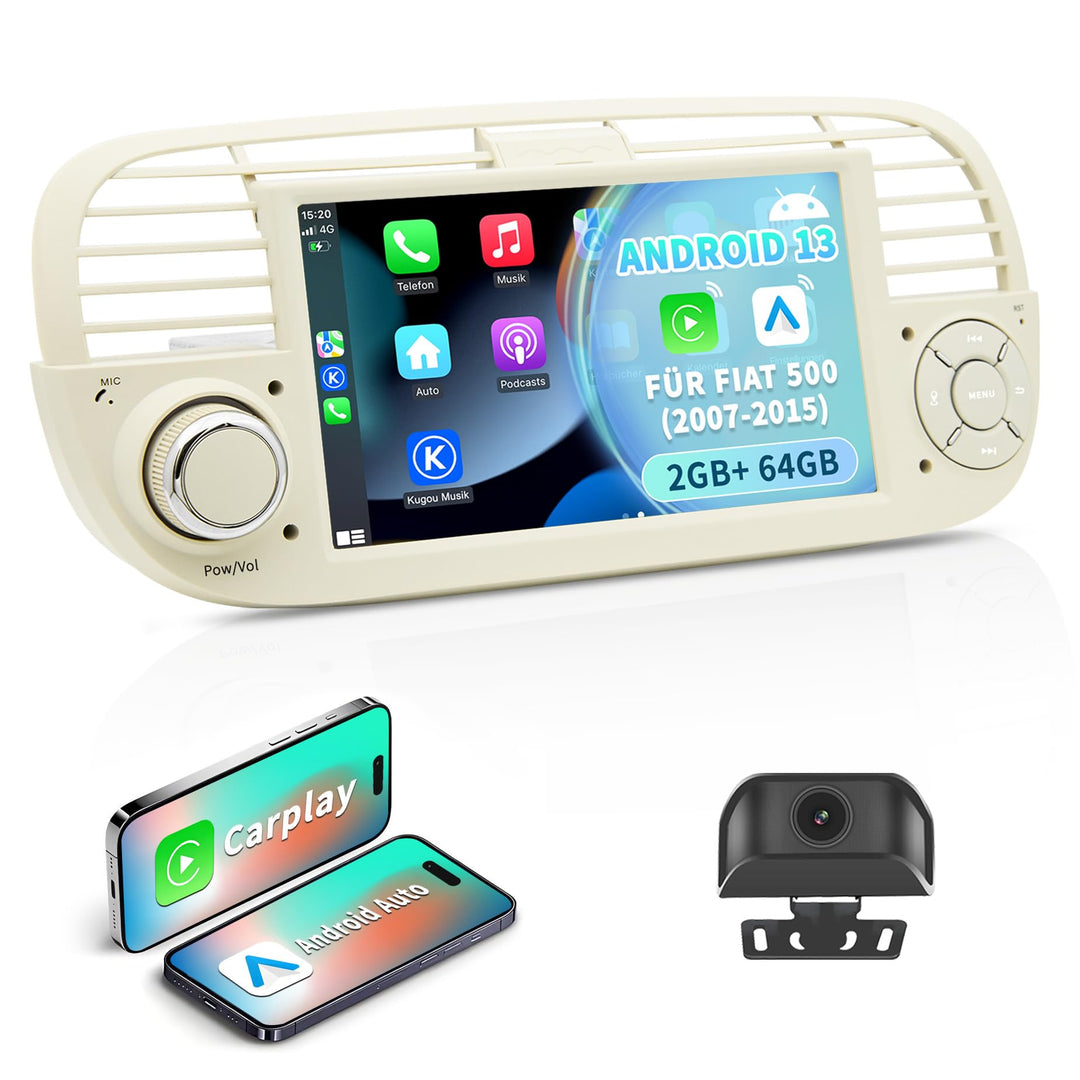 Android 13 Autoradio für FIAT 500 (2007–2015) | 7-Zoll-IPS-Touchscreen mit wasserdichter HD-Rückfahr