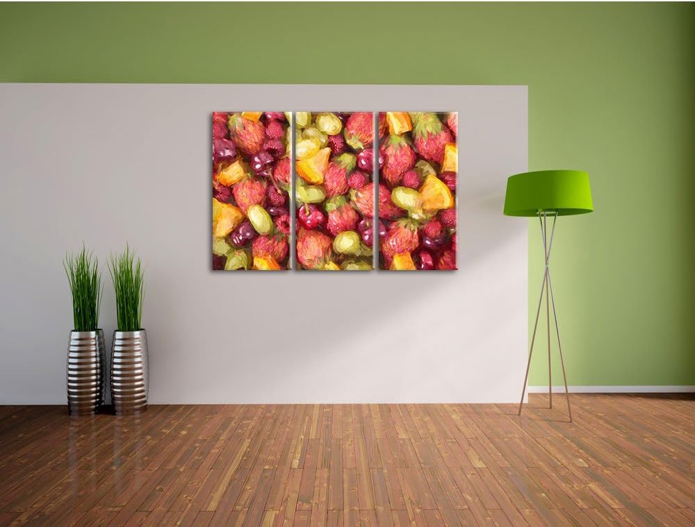 Pixxprint Fruits: Cherry, Strawberry, Orange, Grapes Pinsel Effekt 3-Teiler Leinwandbild 120x80 Bild