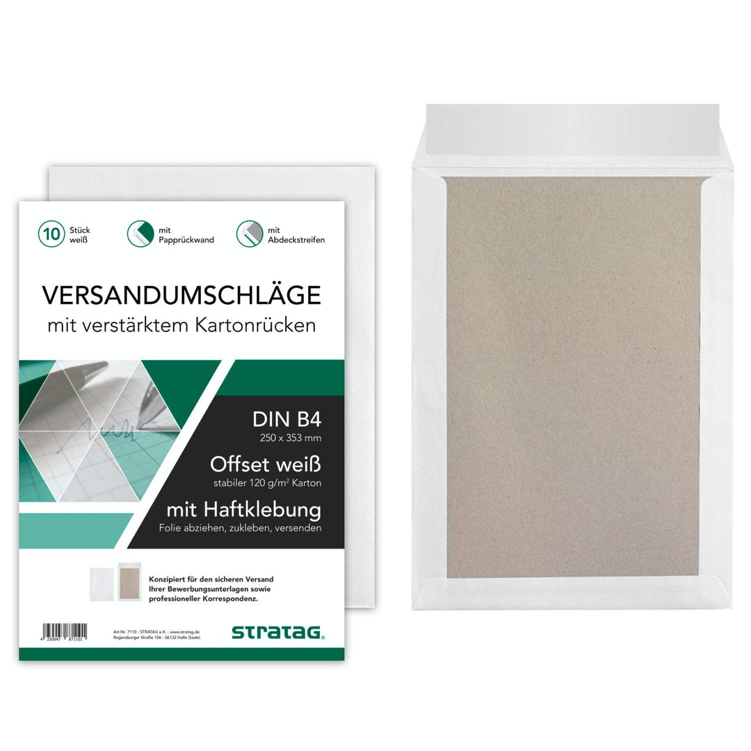 50 Stück Premium Versandtaschen B4 in Weiss, mit Papprückwand, Haftklebung und Abdeckstreifen, 250 x
