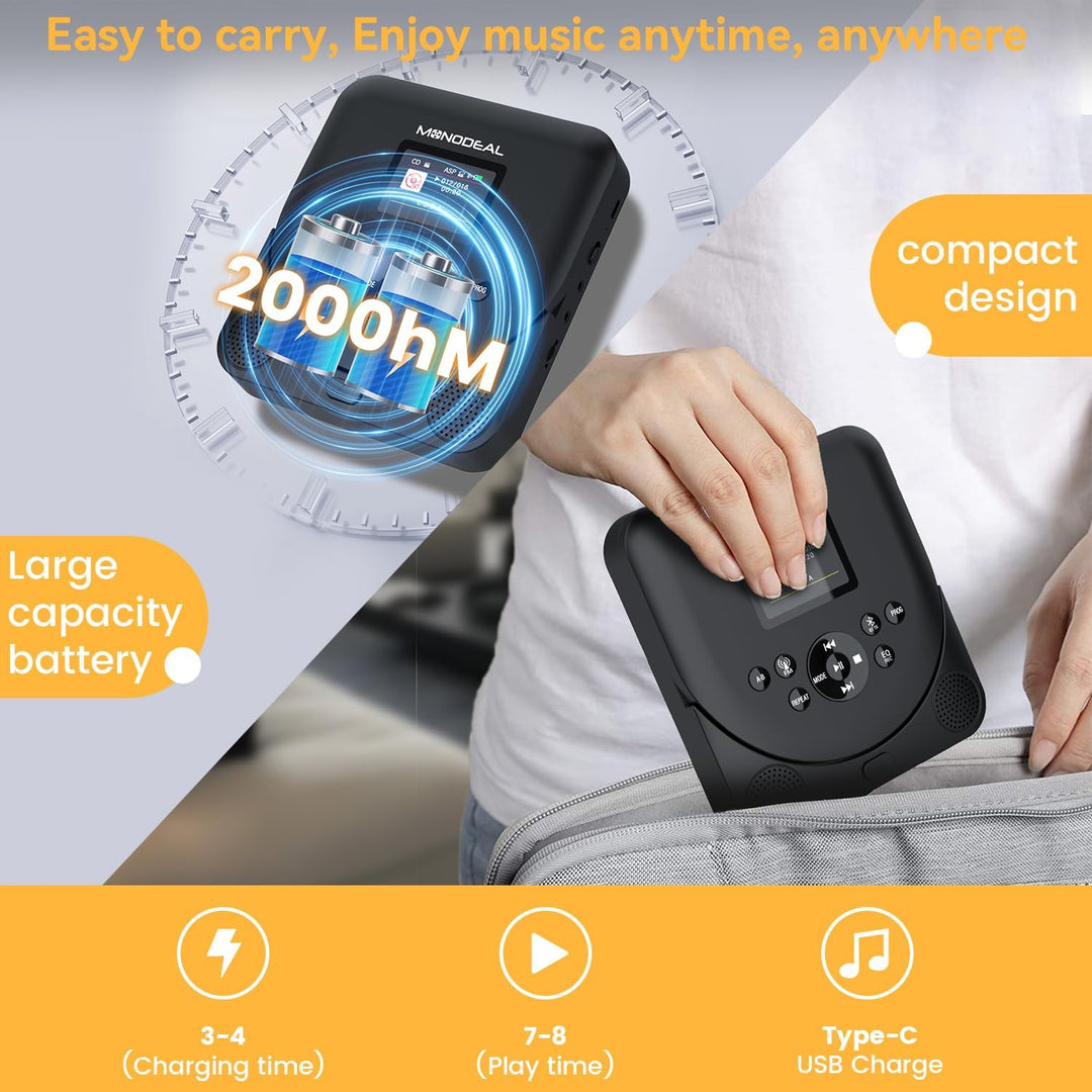 CD Player Tragbar mit TFT Display, 2024 MONODEAL Tragbarer CD Player Bluetooth, Wiederaufladbar CD P