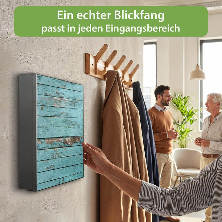 banjado® Grosser Schlüsselkasten Glas/Schlüsselbox 30cm x 30cm mit 50 Haken - Motiv Blaue Holzlatten