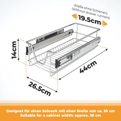 Jago® Teleskopschublade - inkl. Schienen, für Schrankbreite 30 40 50 oder 60 cm, verchromt, Setwahl