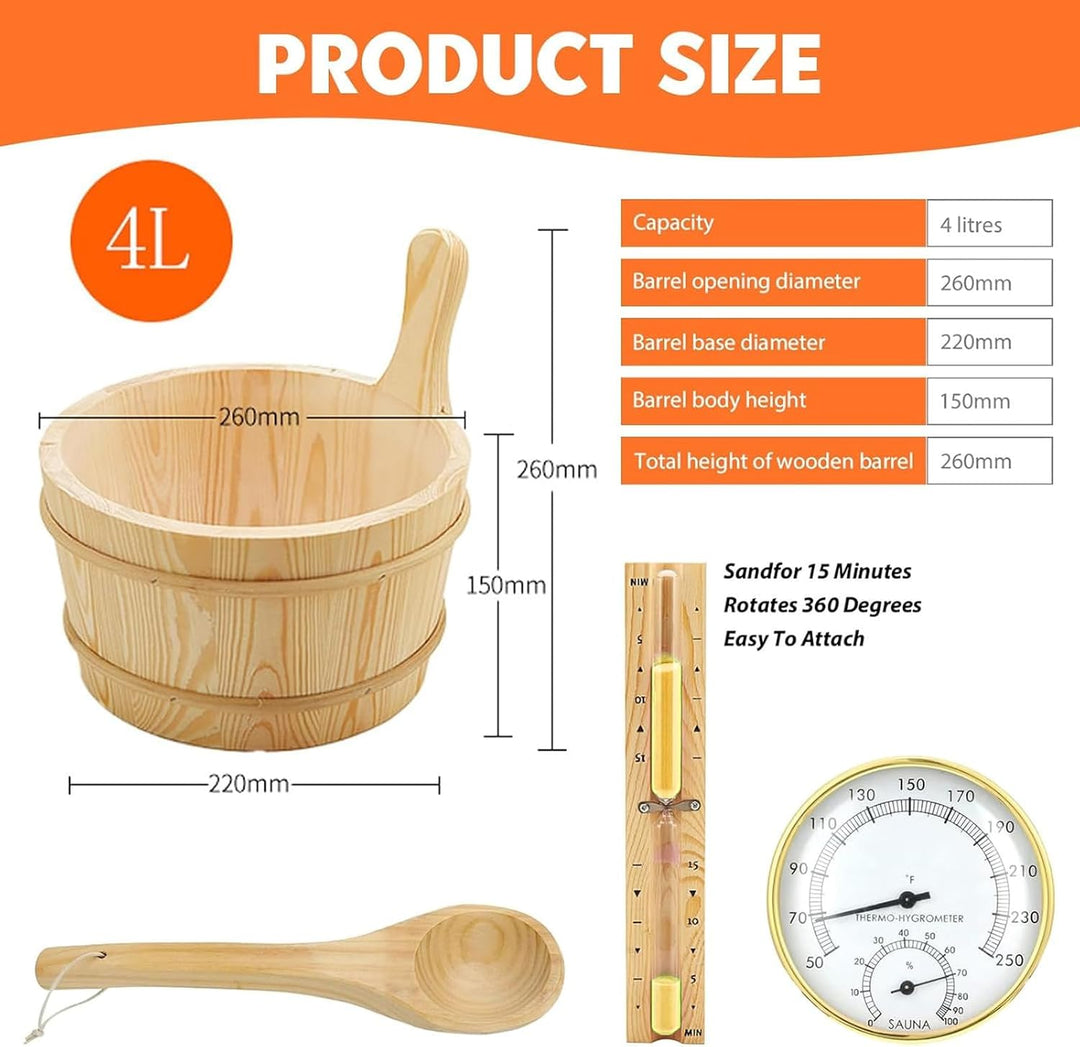 Sauna Eimer Set (4 Liter), Sauna Eimer mit Kelle, Saunakã Bel aus Holz mit Kelle Sanduhr, Thermo, Hy